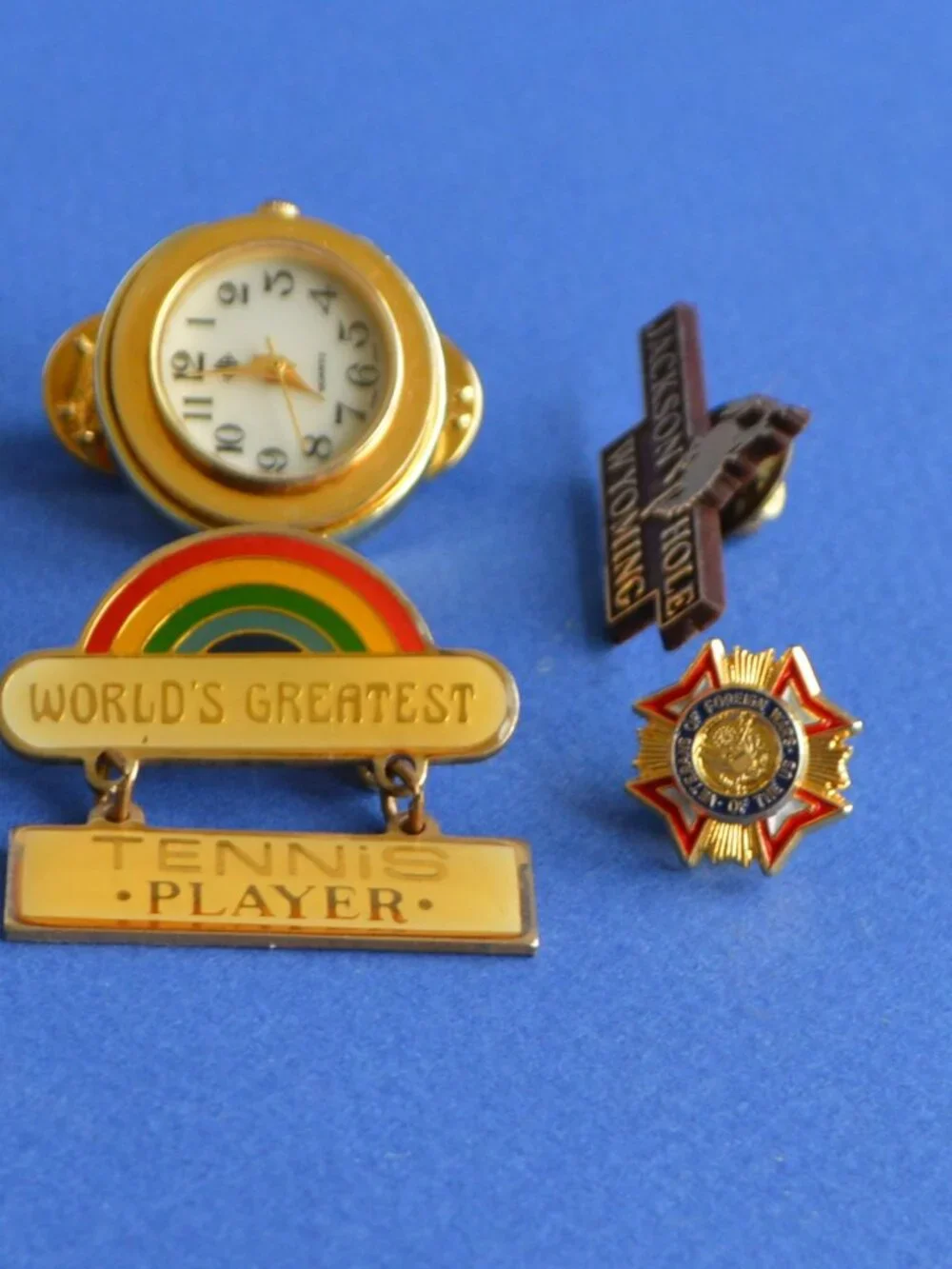 Set of 4 Lapel Pins-Tennis Player, Jackson Hole, US Air Force, Miniature Watch